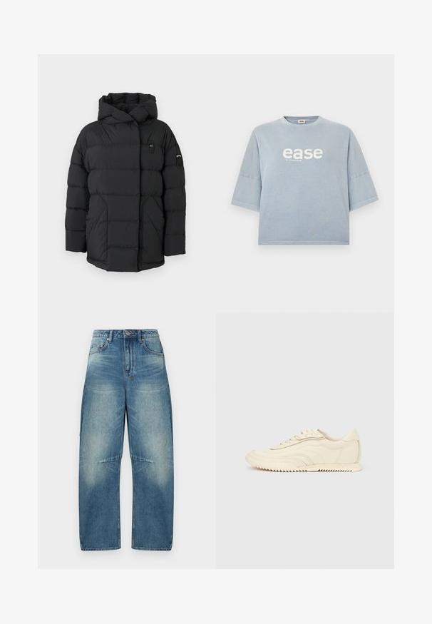 Doudoune noire avec capuche, présentant des sections matelassées, une fermeture éclair à l'avant et un petit patch logo sur l'épaule gauche. Texture lisse.; T-shirt en coton bleu clair avec manches courtes et larges et encolure ronde. Présente le texte « ease » en blanc avec une texture subtile.; Jean en denim bleu à jambes larges avec des détails délavés, poches avant, passants de ceinture et coutures visibles au niveau des genoux.; Baskets basses de couleur crème avec des coutures ondulées, une fermeture à lacets et une semelle crantée, vues de côté sur un fond uni.