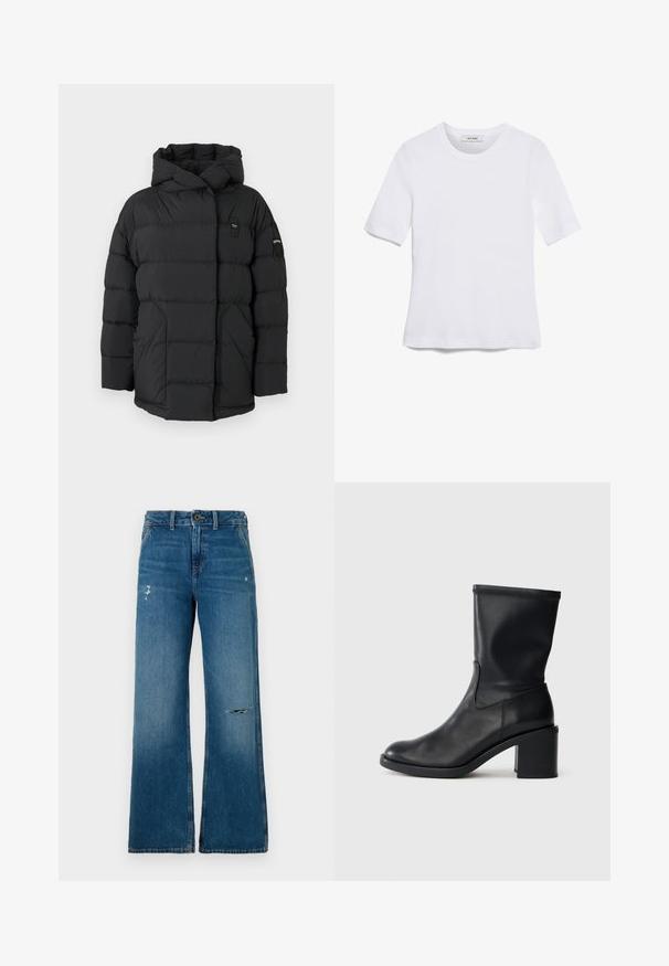 Doudoune noire avec capuche, présentant des sections matelassées, une fermeture éclair à l'avant et un petit patch logo sur l'épaule gauche. Texture lisse.; T-shirt blanc à manches courtes en tissu côtelé. Col rond, coupe régulière et détails de couture subtils. Aucune motif ni graphique.; Jean en denim bleu à jambes larges avec une texture délavée, présentant deux zones usées sur le devant, une fermeture à bouton et un design à cinq poches.; Botte en cuir noir à cheville avec un bout rond, texture lisse et un talon épais, présentant un tige ajustée et un subtil détail de couture.