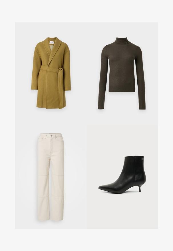 Mosterdgele wollen wikkeljas met een sjawlkragen, een ceintuur in de taille en lange mouwen. Zachte textuur en een open voorkant ontwerp.; Donkergroene ribgebreide turtleneck met lange mouwen, slim fit en iets cropped lengte op een effen lichte achtergrond.; Lichtbeige wijde jeans gemaakt van katoen. Heeft een hoge taille, een knoopsluiting aan de voorkant en twee horizontale naadaccenten op de benen.; Zwart leren enkellaars met puntige neus en lage kittenhak op lichte achtergrond, zijaanzicht buitenkant.