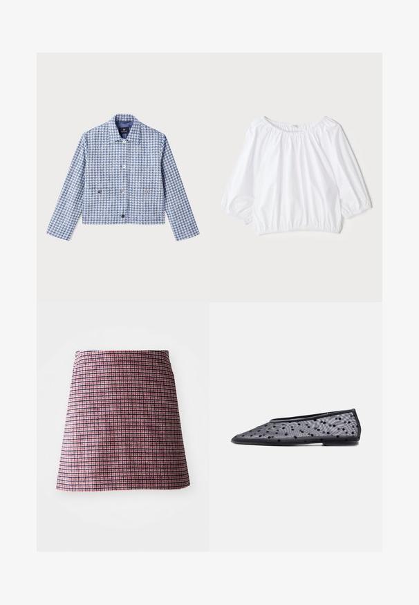 PS Paul Smith Denimová bunda - blue; Biela, ľahká blúzka s okrúhlym výstrihom, zloženými tromi štvrtinami rukávmi a elastickým pásom, s hladkou, lesklou textúrou.; Červená a námornícke modrá kockovaná sukňa s priliehavým pásom a rozšíreným lemom, štruktúrovaná látka a formovaný strih.; Čierna plochá topánka s špicatou špičkou, priehľadným materiálom a čiernym vzorom bodiek na svetlom pozadí.