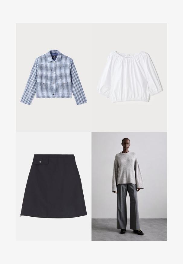 PS Paul Smith Chaqueta vaquera - blue; Blusa blanca y ligera con escote redondo, mangas abullonadas de tres cuartos y cintura elástica, que presenta una textura suave y brillante.; Falda de algodón negra con una silueta recta, que cuenta con un bolsillo abotonado, cremallera lateral y textura de tela suave.; Suéter gris de punto con mangas anchas y dobladillo acanalado, combinado con pantalones grises de cintura alta que presentan un sutil estampado de cuadros y mocasines negros.