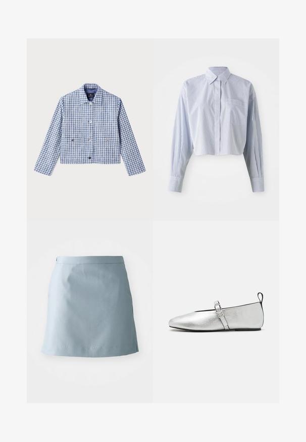 PS Paul Smith Chaqueta vaquera - blue; Camisa recortada en rayas verticales azules y blancas, con cuello puntiagudo, mangas largas y un bolsillo frontal. Textura de algodón suave.; Falda azul claro hecha de tejido suave, con un corte recto, una cintura delgada y detalles de costura mínimos en el dobladillo.; rag & bone SPIRE MARY JANE - Bailarinas con hebilla - silver