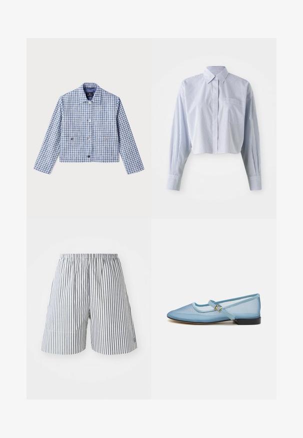 PS Paul Smith Cowboyjakker - blue; Afskåret skjorte i blå og hvide lodrette striber, med spidse kraver, lange ærmer og en forlomme. Glat bomuldsstruktur.; Stribede shorts i navy og hvid bomuld, med elastisk talje og afslappet pasform. Midt lår længde med diskrete stingdetaljer.; Lys blå Mary Jane flad sko med mesh-overdel, rund tå, justerbar rem med en guldbuckle og en lav sort hæl.