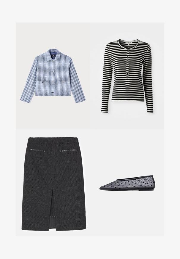 PS Paul Smith Denimová bunda - blue; Čierno-biele pruhované tričko s dlhým rukávom a okrúhlym výstrihom, s pútavým gombíkovým zapínaním a slim-fit strihom. Mäkká textúra látky.; Čierna sukňa s textúrovanou tkaninou, ktorá má dva falošné vrecká a zadný rozparok pre lepšiu pohyblivosť. Hladká vnútorná podšívka.; Čierna plochá topánka s špicatou špičkou, priehľadným materiálom a čiernym vzorom bodiek na svetlom pozadí.