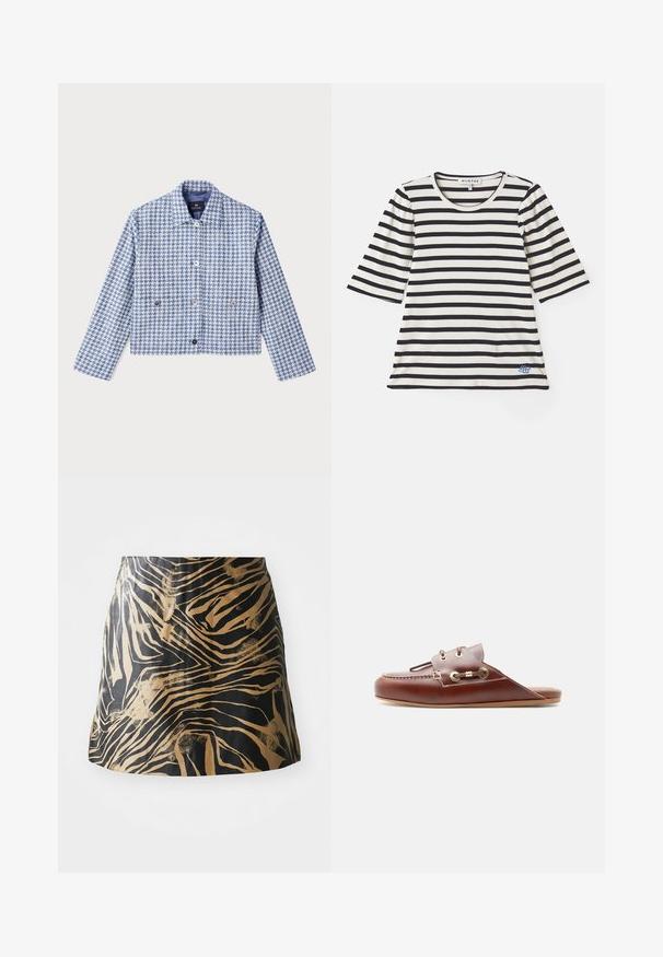 PS Paul Smith Spijkerjas - blue; Gestreept T-shirt in crème en marineblauw, met korte mouwen, ribbelstructuur, ronde halslijn en een klein blauw logodetail nabij de zoom.; Zwarte en gouden rok met een zebrapatroon, gemaakt van glad materiaal met een strakke pasvorm en een hoge taille.; Bruine leren instap loafer met moc-toenaad, gouden oogjes en decoratieve veterdetail aan de zijkant, platte zool, zijaanzicht.