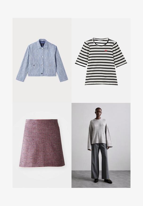 PS Paul Smith Cowboyjakker - blue; Stribet T-shirt med korte ærmer, der har en sort og hvid ribbet tekstur, rund halsudskæring og et lille rødt logo på venstre bryst.; Rød og navy ternet nederdel med en tætsiddende talje og en hollandsk kant, tekstureret stof og en struktureret silhuet.; Grå strikket sweater med brede ærmer og ribbet kant, parret med høj-taljede grå bukser med et subtilt ternet mønster og sorte loafers.