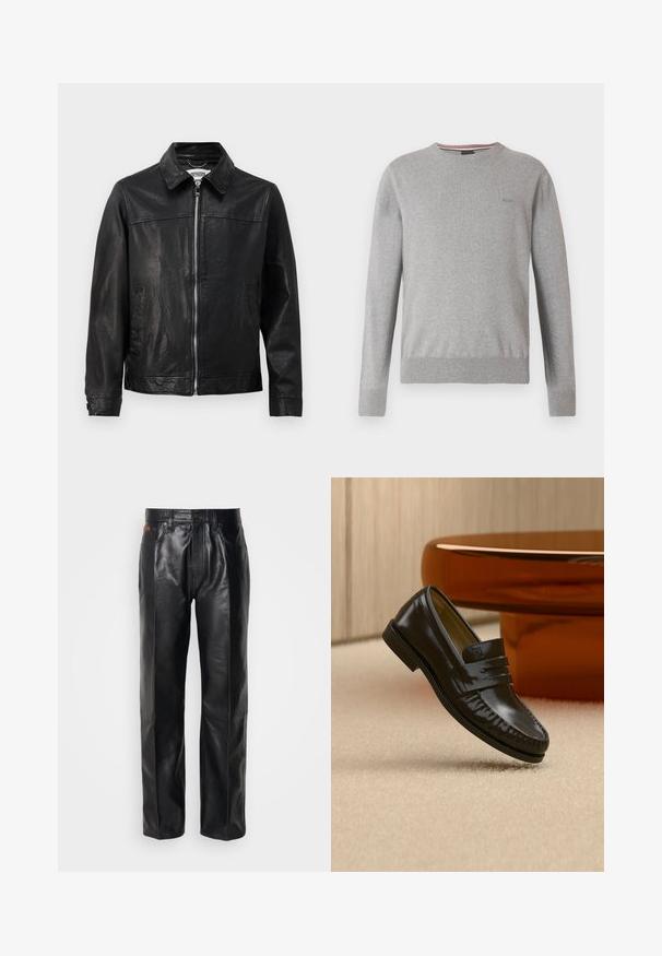 Sort læderjakke med krave, lynlås foran og sidelommer. Glat tekstur med minimale syninger.; Grå sweater med rund halsudskæring, lange ærmer, ribkant ved ærmer og kant, med et diskret logo på brystet og stribede detaljer ved halsudskæringen.; Sorte læderbukser med lige ben design. Funktioner inkluderer knaplukning og forlommer, der fremhæver en glat tekstur og minimal syning.; Skinnende sort læderloafer med remdetalje, placeret på beige tæppe nær et rundt brunt sofabord i et blødt oplyst rum.