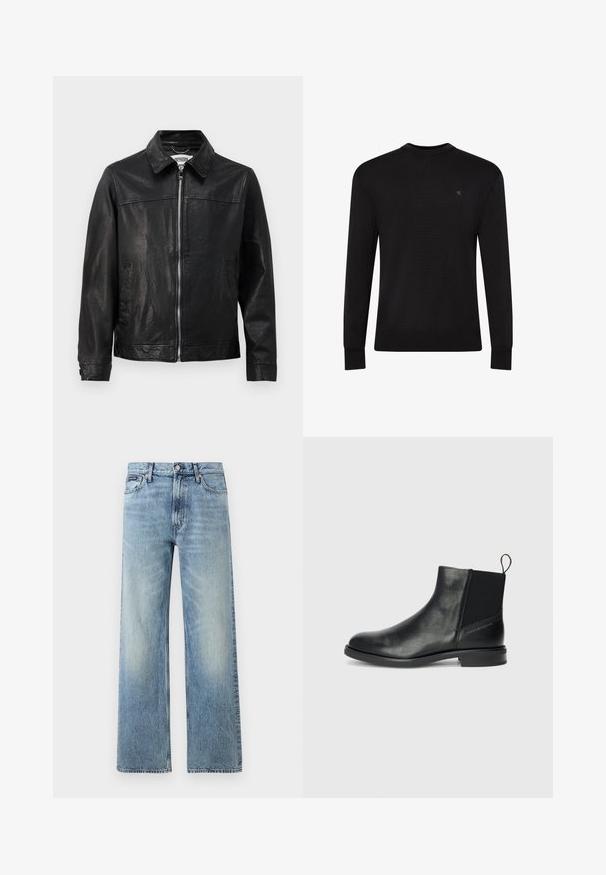 Sort læderjakke med krave, lynlås foran og sidelommer. Glat tekstur med minimale syninger.; Sort langærmet sweater med rund hals og lille diskret logo på venstre øvre bryst samt ribbet manchetter og kant.; Lyseblå denim jeans med lige ben, højt talje, fem lommer, knaplukning og diskrete falmede områder på lår og knæ.; Sorte læder ankelstøvler med elastiske sidepaneler, rund tå, lav blokhæl og en strop bagpå for nem påtagning.