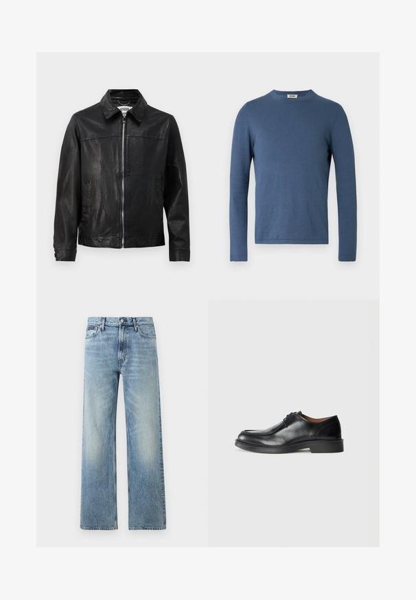 Sort læderjakke med krave, lynlås foran og sidelommer. Glat tekstur med minimale syninger.; Blå langærmet sweater lavet af blødt, tekstureret stof. Har rund halsudskæring og en tætsiddende pasform med minimale syningsdetaljer.; Lyseblå denim jeans med lige ben, højt talje, fem lommer, knaplukning og diskrete falmede områder på lår og knæ.; Sorte lædersko med rund tå, glat overflade, snøre detaljer og en lav, tekstureret gummisål. Rene linjer og minimalistisk design.