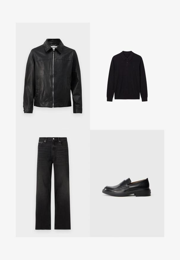 Sort læderjakke med krave, lynlås foran og sidelommer. Glat tekstur med minimale syninger.; Sort polo-shirt med lange ærmer, to knapper og ribstrikkede manchetter, med en lille diskret logo på venstre bryst.; Sorte jeans med lige ben, fem-lomme design, bæltestropper og knaplukning, vist på en hvid baggrund.; Sorte læder slip-on dress sko med lav hæl og subtil Calvin Klein logo på siden, vist i profil på en hvid baggrund.