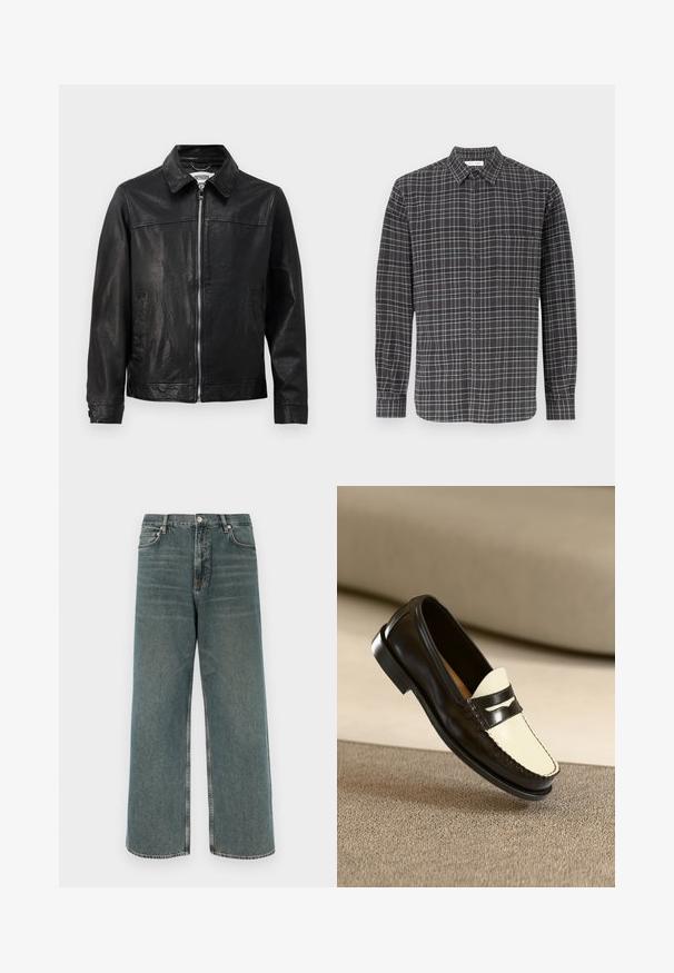 Sort læderjakke med krave, lynlås foran og sidelommer. Glat tekstur med minimale syninger.; Sort og grå ternet skjorte med knapper, lange ærmer, brystlomme, klassisk krave og let stofstruktur.; Bredde denimjeans i falmet blå, med fem-lomme design, knaplukning og kontrastsyninger. Tekstureret med et let slidt udseende.; Sort læderloafer med en cremefarvet vamp og sorte accentstriber, som har en lav hæl og detaljeret syning langs kanterne.