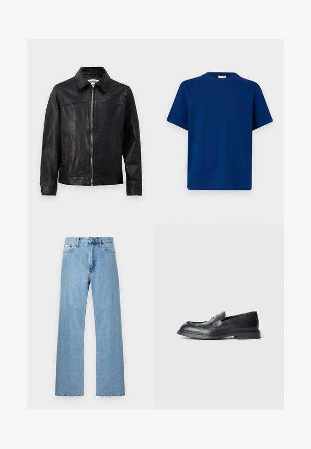 Zwarte leren jas met een kraaghalslijn, ritssluiting aan de voorkant en zijzakken. Glad textuur met minimale stikseldetails.; Effen blauwe T-shirt met korte mouwen, ronde hals en een subtiel klein logo in het midden van de borst, afgebeeld tegen een effen achtergrond.; Lichtblauwe denim jeans met rechte pijpen, ontworpen met vijf zakken en een knoopsluiting bij de taille, weergegeven tegen een effen achtergrond.; Zwarte leren loafers met een gestructureerde afwerking, voorzien van een decoratieve voorstrik en een afgeronde neus. Rubberzool voor duurzaamheid.