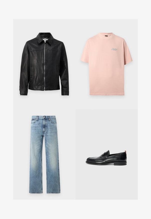 Zwarte leren jas met een kraaghalslijn, ritssluiting aan de voorkant en zijzakken. Glad textuur met minimale stikseldetails.; Lichtroze T-shirt met korte mouwen en ronde hals, met een klein wit en zwart "BOSS"-logo op de linkerborst.; Lichtblauwe denim jeans met rechte pijpen, een hoge taille, vijf zakken, knoopsluiting en subtiele vervaging op de dijen en knieën.; Zwarte leren loafers met een slank ontwerp, ronde neus, gestructureerd accent op de wreef en een rubberen zool voor grip. Inclusief trekstrip aan de achterkant.