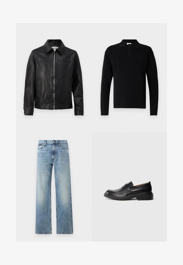 Sort læderjakke med krave, lynlås foran og sidelommer. Glat tekstur med minimale syninger.; Sort langærmet poloshirt lavet af blødt materiale, med krave, tre-knaps lukning og en lille brystlomme.; Lyseblå denim jeans med lige ben, højt talje, fem lommer, knaplukning og diskrete falmede områder på lår og knæ.; Sorte læder slip-on dress sko med lav hæl og subtil Calvin Klein logo på siden, vist i profil på en hvid baggrund.
