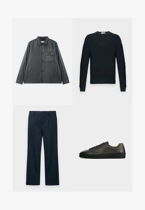 Dunkelgraue, leichte, knöpfbare Jacke mit einem Spitzkragen, langen Ärmeln und einer Brusttasche. Glattes, glänzendes Material mit minimaler Hardware.; Gestrickter schwarzer Pullover mit rundem Kragen, langen Ärmeln und einer strukturierten Musterung. Mit geripptem Saum und Bündchen.; Marineblaue, gerade geschnittene Hose mit Gürtelschlaufen, Knopfverschluss und vorderlichem Reißverschluss vor hellem Hintergrund.; Niedriger dunkelgrauer Ledersneaker mit schwarzen Schnürsenkeln und Sohle, minimalistisches Design, Seitenprofil vor einem schlichten hellen Hintergrund.