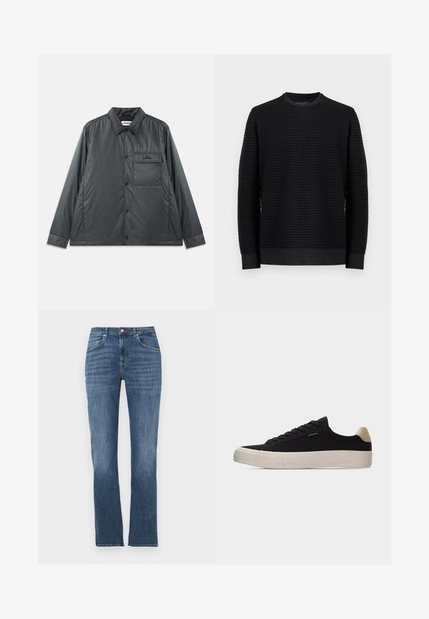 Mørk grå, letvægts, knap-op jakke med en spids krave, lange ærmer og en enkelt brystlomme. Glat, skinnende stof med minimal hardware.; Sort langærmet crewneck-trøje med vandret ribbet struktur og tætsiddende manchetter, vist på ensartet lys grå baggrund.; Blå straight-leg denimjeans med forlommer, knaplukning og let falmet detaljering på lår og knæ.; Sort lavsko med beige hælkappe, tyk hvid gummisål, sorte snørebånd og lille "PS Paul Smith" mærke på siden.