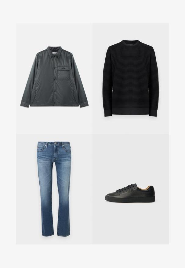 Mørk grå, letvægts, knap-op jakke med en spids krave, lange ærmer og en enkelt brystlomme. Glat, skinnende stof med minimal hardware.; Sort langærmet crewneck-trøje med vandret ribbet struktur og tætsiddende manchetter, vist på ensartet lys grå baggrund.; Mænds blå falmede jeans med lige ben, forrest med knap- og lynlås lukning, foran og bagpå lommer, vist på hvid baggrund.; Sorte lavtop lædersneakers med tekstureret overflade, sorte snørebånd og tyk gummisål, vist fra siden på en lys baggrund.