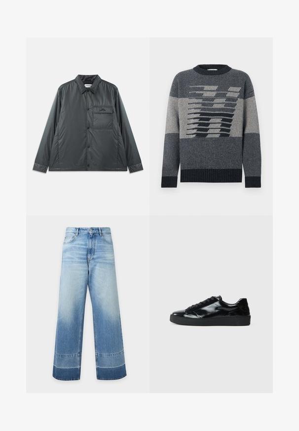 Chaqueta abotonada ligera de color gris oscuro con cuello puntiagudo, mangas largas y un bolsillo en el pecho. Tela suave y brillante con un hardware mínimo.; Suéter de punto con un patrón gráfico audaz en azul oscuro, gris claro y beige. Cuello y puños acanalados con texturas variadas.; Vaqueros de denim azul claro de pierna ancha con detalles descoloridos y bloques de color más oscuro cerca del dobladillo, botón delantero y bolsillos visibles.; Zapatillas de charol negro con punta redonda, diseño con cordones, suela de goma texturizada y acabado suave.