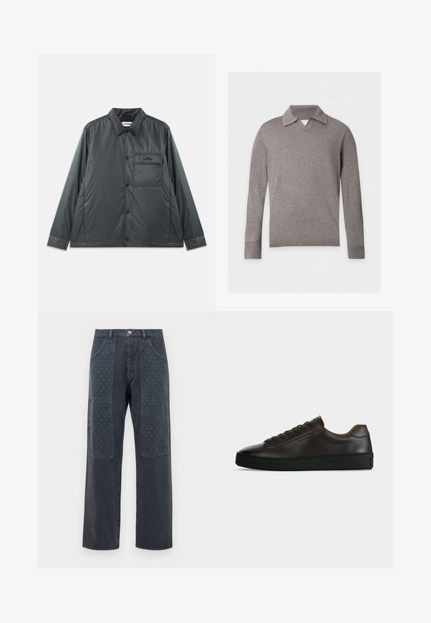 Donkergrijze, lichte, knoopsluiting jas met een puntkraag, lange mouwen en een enkele borstzak. Gladde, glanzende stof met minimale hardware.; Grijze, gebreide trui met lange mouwen, een omgeslagen kraag en geribde manchetten en zoom, weergegeven op een effen witte achtergrond.; Donkergrijze jeans met een wijde pijp, voorzien van decoratieve patches aan de voorkant met een subtiel bloemmotief en standaard zakdetails.; Low-profile donkerbruine leren sneaker met zwarte rubberen zool, veters aan de voorkant en een strak minimalistisch design op een lichte achtergrond.