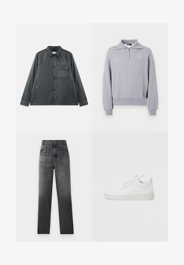 Mørk grå, letvægts, knap-op jakke med en spids krave, lange ærmer og en enkelt brystlomme. Glat, skinnende stof med minimal hardware.; Lysegrå pullover-sweatshirt med kvart lynlås ved halsen, ribkant på ærmer og kant, samt et diskret logo på venstre bryst.; Mørkegrå denimjeans med høj talje, lige ben-design og en falmet tekstur med frontlommer og en enkelt knaplukning.; Hvid lædersneaker med rundet tå, flad sål og snørebånd foran. Har syningsdetaljer og polstret krave for komfort.