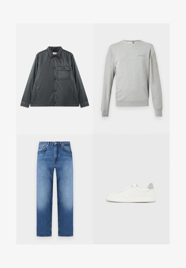 Chaqueta abotonada ligera de color gris oscuro con cuello puntiagudo, mangas largas y un bolsillo en el pecho. Tela suave y brillante con un hardware mínimo.; Sudadera gris claro de manga larga con cuello redondo, puños y dobladillo acanalados, y texto pequeño "Tiger of Sweden" en el pecho izquierdo.; Vaqueros azules de corte recto con diseño clásico de cinco bolsillos y cierre de botones, con detalles sutiles descoloridos en muslos y rodillas.; Zapatilla blanca de corte bajo con pestaña en el talón gris, cordones blancos y suela texturizada, presentada sobre un fondo claro y liso.