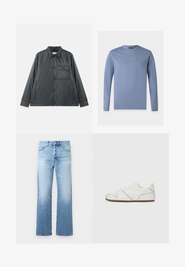 Chaqueta abotonada ligera de color gris oscuro con cuello puntiagudo, mangas largas y un bolsillo en el pecho. Tela suave y brillante con un hardware mínimo.; Camiseta de manga larga azul claro con cuello redondo y logo Emporio Armani en relieve centrado en el pecho sobre fondo blanco.; Vaqueros de mezclilla azul claro con corte recto, diseño de cinco bolsillos, cierre de botón y sutil desgaste en los muslos y las rodillas.; Zapatilla blanca con parte superior de tela suave, acentos beige, puntera redondeada y suela de goma. Presenta un diseño de cordones y costuras laterales.