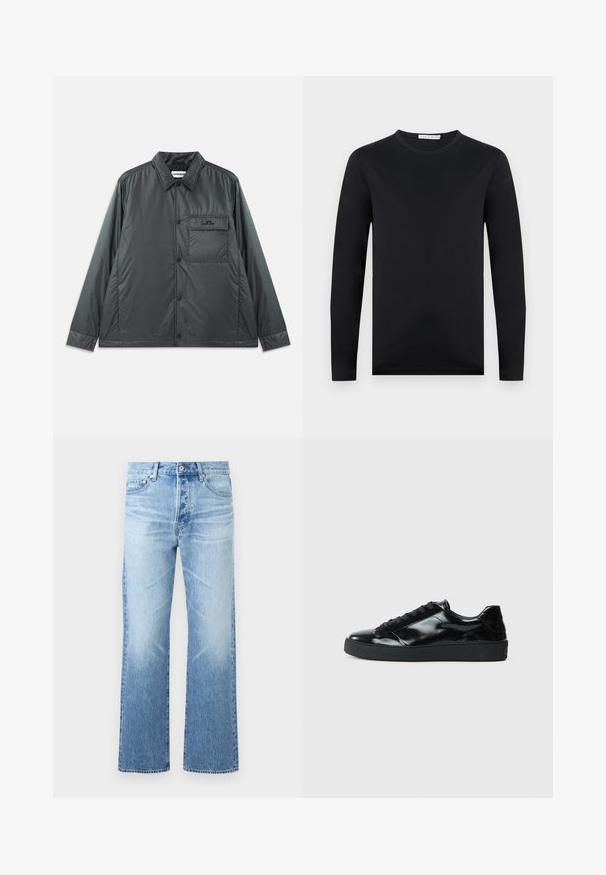 Mørk grå, letvægts, knap-op jakke med en spids krave, lange ærmer og en enkelt brystlomme. Glat, skinnende stof med minimal hardware.; Sort langærmet T-shirt med rund hals og slank pasform, lavet af glat stof, vist mod en ensartet lys baggrund.; Lyseblå denimjeans med lige ben, design med fem lommer, knaplukning og diskret falmning på lår og knæ.; Sorte laklæder sneakers med rund tå, snørredesign, tekstureret gummisål og en glat overflade.