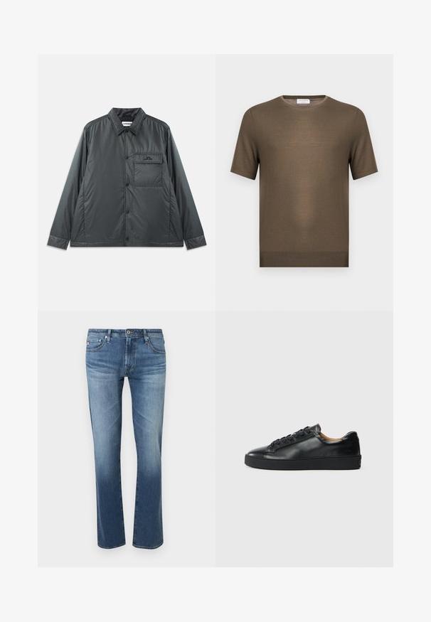 Chaqueta abotonada ligera de color gris oscuro con cuello puntiagudo, mangas largas y un bolsillo en el pecho. Tela suave y brillante con un hardware mínimo.; Jersey de punto verde oliva de manga corta con cuello redondo y dobladillo acanalado, mostrado sobre un fondo blanco liso.; Vaqueros de hombre azules descoloridos de corte recto con cierre frontal de botones y cremallera, bolsillos delanteros y traseros, mostrados sobre fondo blanco.; Zapatilla negra de cuero con una textura suave, puntera redonda y cierre de cordones. Presenta una suela de goma gruesa y un detalle de marca mínimo.