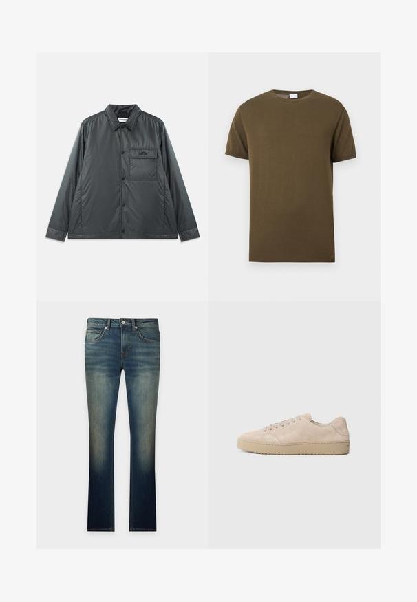 Mørk grå, letvægts, knap-op jakke med en spids krave, lange ærmer og en enkelt brystlomme. Glat, skinnende stof med minimal hardware.; Olivengrøn kortærmet T-shirt med rund hals og ensartet, glat tekstur vist på en hvid baggrund.; Blå falmede jeans med lige ben, forlommer, bæltestropper, knap og lynlås lukning på en ensfarvet lys baggrund.; Beige ruskinds sneaker med en rund tå, flade snørebånd og en tekstureret gummisål. Minimalistisk design med glatte kanter og diskret syning.