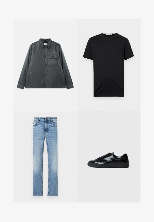 Donkergrijze, lichte, knoopsluiting jas met een puntkraag, lange mouwen en een enkele borstzak. Gladde, glanzende stof met minimale hardware.; Zwarte T-shirt met korte mouwen en ronde hals, met een effen ontwerp en het label "Tiger of Sweden" aan de binnenkant van de hals.; Lichtblauwe spijkerbroek met een rechte pijp, vijfzakkenmodel en een knoopsluiting aan de voorkant. De stof vertoont subtiele vervaging en textuur.; Zwarte gepatenteerde leren sneakers met een ronde neus, vetersluiting, een gestructureerde rubberen zool en een glanzende afwerking.