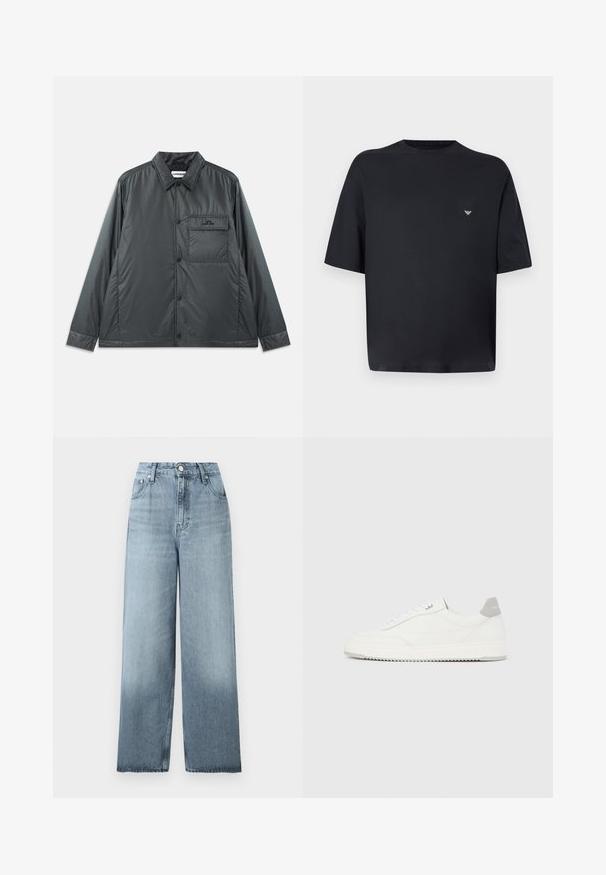 Mørk grå, letvægts, knap-op jakke med en spids krave, lange ærmer og en enkelt brystlomme. Glat, skinnende stof med minimal hardware.; Sort oversized T-shirt med korte ærmer og lille hvidt logo på venstre bryst, vist mod lys grå baggrund.; Lyseblå, højtaljede jeans med vide ben, knap- og lynlåslukning, forlommer og bæltestropper på en ensfarvet baggrund.; Hvid lavtop-sneaker med gråt hælflig, hvide snørebånd og tekstureret sål, vist på en ensfarvet lys baggrund.