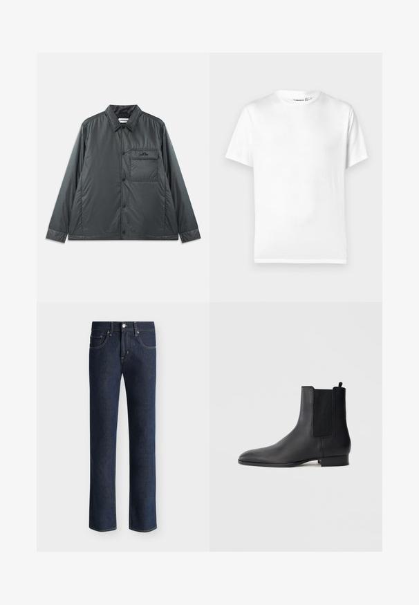 Donkergrijze, lichte, knoopsluiting jas met een puntkraag, lange mouwen en een enkele borstzak. Gladde, glanzende stof met minimale hardware.; Witte katoenen T-shirt met een klassieke ronde hals, korte mouwen en een rechte zoom. Gladde textuur, zonder patronen of accenten.; Donkerblauwe jeans met rechte pijpen, voorzien van een knoop en rits aan de voorkant, riemlussen en een vijf-zakken ontwerp op een effen lichte achtergrond.; Zwarte leren Chelsea-laars met elastische zijpanelen en lage gestapelde hak, vanaf de zijkant getoond tegen een eenvoudige lichte achtergrond.