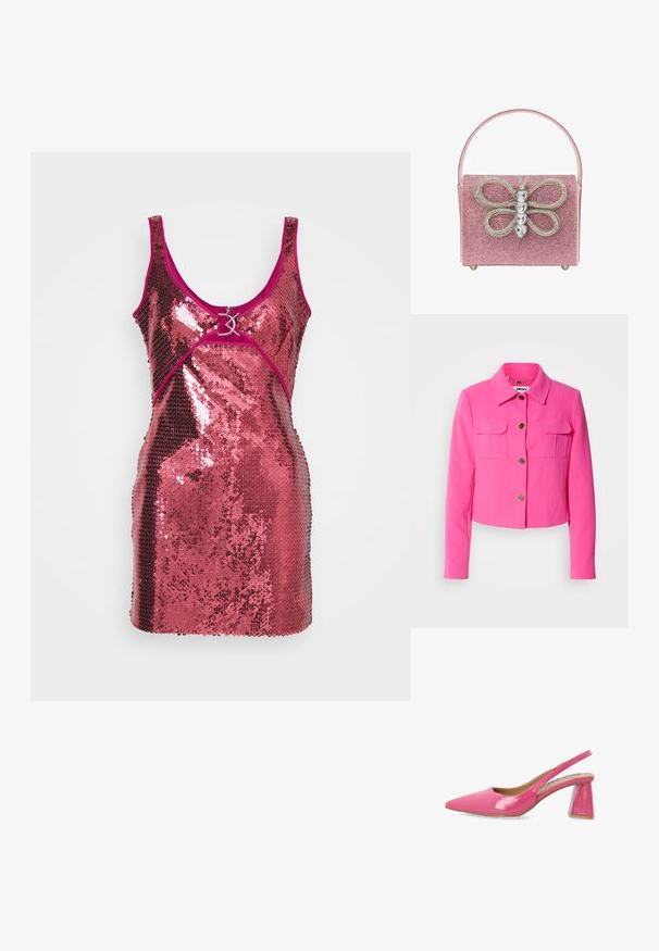 Fuchsia kurze Jacke mit Kragen, zwei Brusttaschen und goldenen Knöpfen. Glatter Stoff mit strukturiertem Schnitt und langen Ärmeln.; Paillettenkleid in glänzendem Pink mit einer figurbetonten Passform. Merkmale sind ein tief ausgeschnittener Ausschnitt, breite Träger und ein dekoratives Hardware-Detail an der Vorderseite.; Glänzend rosa Slingback-Schuh mit spitzer Zehenpartie und breitem, schräg gestelltem Blockabsatz, im Profil auf weißem Hintergrund dargestellt.; Rosa funkelnde Handtasche mit einem auffälligen Schmetterlingsdesign und Strass-Akzenten, rechteckiger Form und flachem Griff.