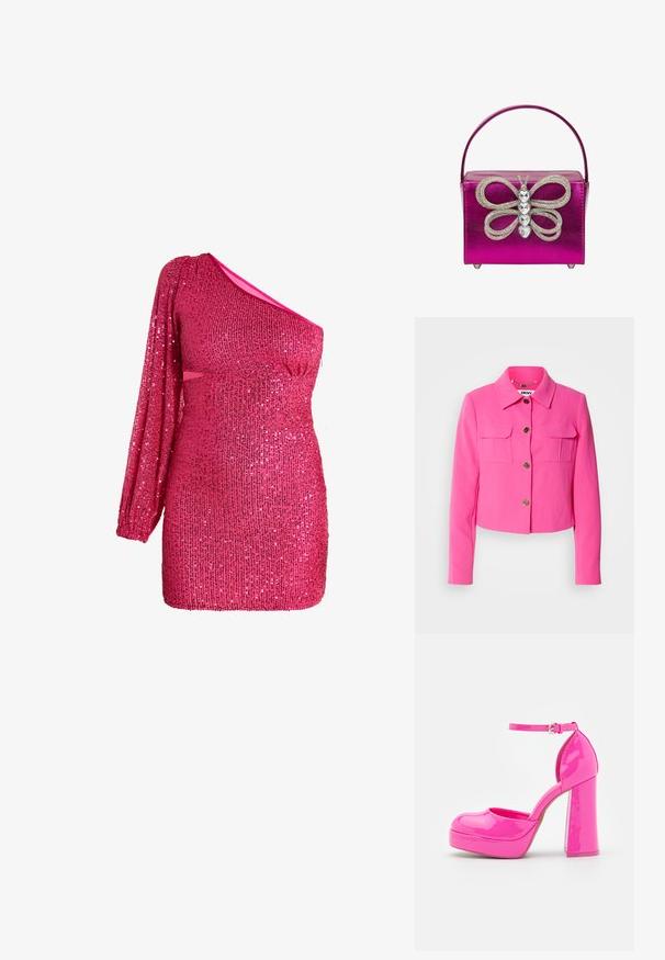 Fuchsia cropped jakke med krave, to brystlommer og guldknapper. Glat stof med en struktureret pasform og lange ærmer.; Én skulder hotpink minikjole med lang palietærmem og tætsiddende silhuet, med glitrende stof og udsavning ved taljen.; Call it Spring ANABELLE - Plateaupumps - dark pink; Rosa metalisk håndtaske med en struktureret form, med et sommerfuglemotivet lavet af klare ædelsten og metalaccenter. Kort hank.