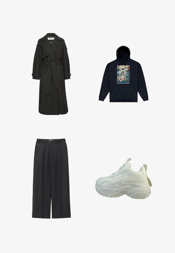 Sort trenchcoat lavet af letvægtsstof, med bælte i taljen, store kraver og knapmanchetter. Enkel og elegant design.; Sort hættejakke med en central grafik, der viser en japansk-inspireret illustration af en figur blandt bølger og skyer. Snore i huen.; Sorte bukser med vide ben, forreste læg, sidelommer, linning med bæltestropper og knaplukning foran.; Hvid chunky platform-sneaker med tyk tekstureret sål, snørelukning og trækflapper på tunge og hæl, vist fra ydersiden.
