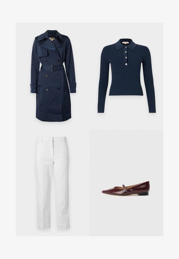 Trench-coat bleu marine à double boutonnage avec large col, taille ceinturée, épaulettes et manches longues avec brides aux poignets.; Polo bleu marine à manches longues côtelées avec quatre boutons sur le devant et un col classique, coupe slim.; Pantalon blanc taille haute à jambes droites avec passants de ceinture, fermeture éclair avant et poches latérales, présenté sur un fond uni.; Chaussure plate en cuir verni bordeaux avec un bout pointu et une sangle décorative sur le cou-de-pied. Présente un petit talon noir.