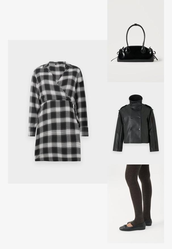 Sort læderjakke med høj krave, dobbeltradet design, store knapper og skulderklapper. Glat tekstur, cropped længde.; Sort og hvid ternet omslagskjole med lange ærmer, V-udskæring og et bånd i taljen. Blødt stof med et ternet mønster overalt.; Ben iført mørke ribbede leggings kombineret med sorte balletsko med små sløjfedetaljer på hvid baggrund.; Lille sort blank håndtaske med to lange håndtag og snøre-detaljer i siden på en ensfarvet lys baggrund.