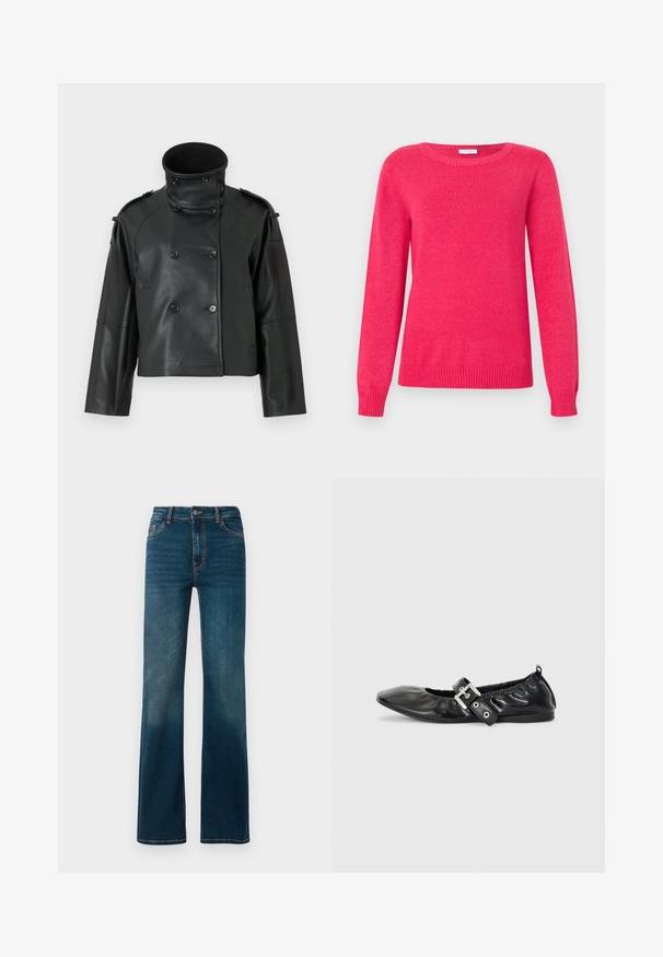 Sort læderjakke med høj krave, dobbeltradet design, store knapper og skulderklapper. Glat tekstur, cropped længde.; Fuchsia trøje med rund halsudskæring, lange ærmer og ribstrikkede manchetter og kant. Fremstillet af blødt strikmateriale med en glat tekstur.; Mørkeblå, højtaljede jeans med lige ben. Lavet af denim, med kontrastsyninger og et klassisk fem-lomme design.; Sorte læder flade sko med spids tå, samling detaljer omkring åbningen, og en sølv spænde accent på den justerbare rem.