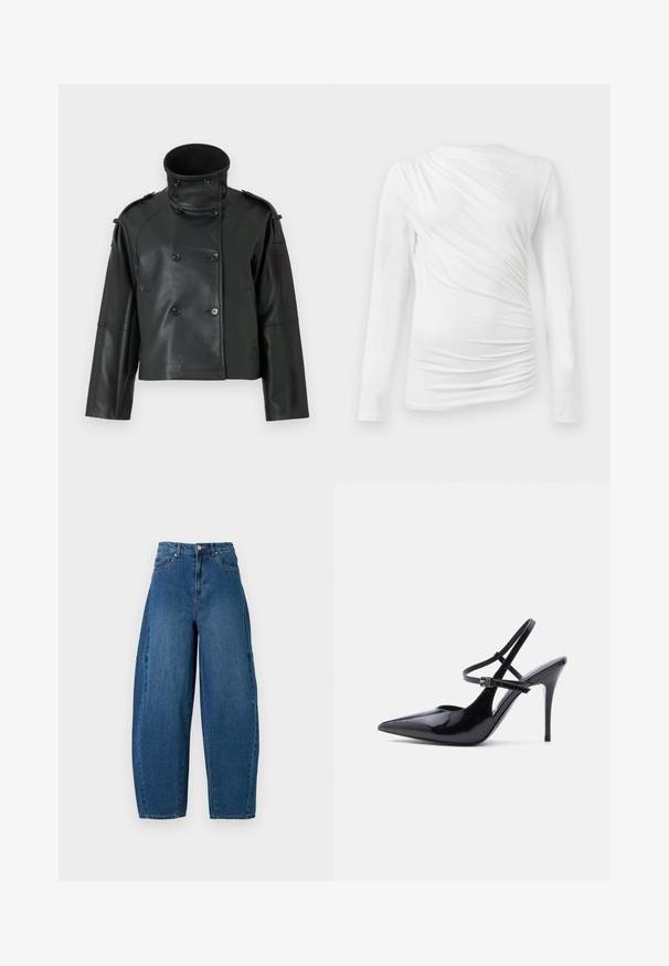 Sort læderjakke med høj krave, dobbeltradet design, store knapper og skulderklapper. Glat tekstur, cropped længde.; Hvid langærmet top lavet af et glat, strækbart stof; har samlede detaljer i siden og en rund halsudskæring.; Denimjeans i en mellemblå vask, med højt liv, bred benpasform og standard fem-lomme design med synlige stikninger.; Sort laklædersko med spids tå og høj hæl, med to smalle justerbare ankelstropper og en stilet hæl, vist fra siden.
