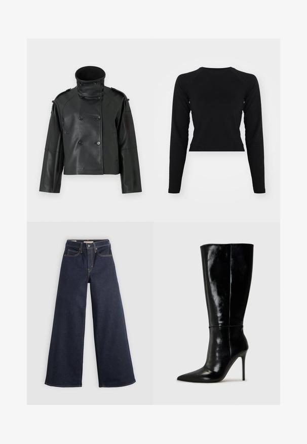 Schwarze Lederjacke mit hohem Kragen, doppelter Knopfleiste, großen Knöpfen und Schulterklappen. Glatte Textur, cropped Länge.; Schwarzes, langärmeliges Crop-Top mit rundem Halsausschnitt und Raglanärmel. Glatte Textur, minimalistisches Design und keine sichtbaren Muster oder Beschläge.; Helle-bein Jeans aus Denim in Dunkelblau mit Kontrastnähten. Mit traditionellem Fünf-Taschen-Design und einem Knopfverschluss an der Taille.; Schwarze Leder-Knielange Stiefel mit spitzem Schuh und hohem Stiletto-Absatz. Glatte Textur und elegantes Design, das sich durch minimale Details auszeichnet.