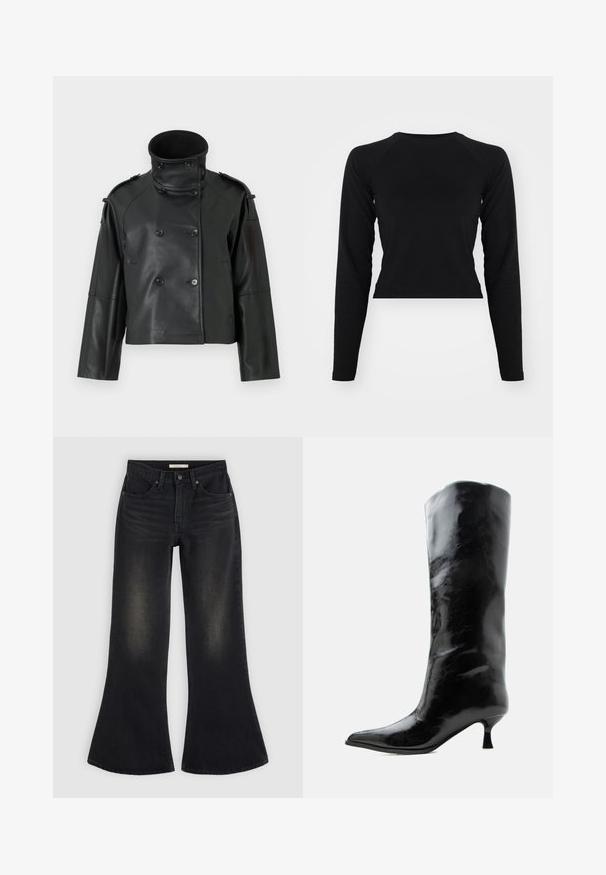 Sort læderjakke med høj krave, dobbeltradet design, store knapper og skulderklapper. Glat tekstur, cropped længde.; Sort langærmet crop top med rund hals og raglanærmer. Glat tekstur, minimalistisk design og ingen synlige mønstre eller hardware.; Sorte jeans med vide ben, forlommer, bæltestropper og falmet skygge på lårene og knæene, lagt fladt på en lys baggrund.; Sort skinnende knæhøj læderstøvle med spids tå og lav buet hæl på en ensfarvet lys baggrund.