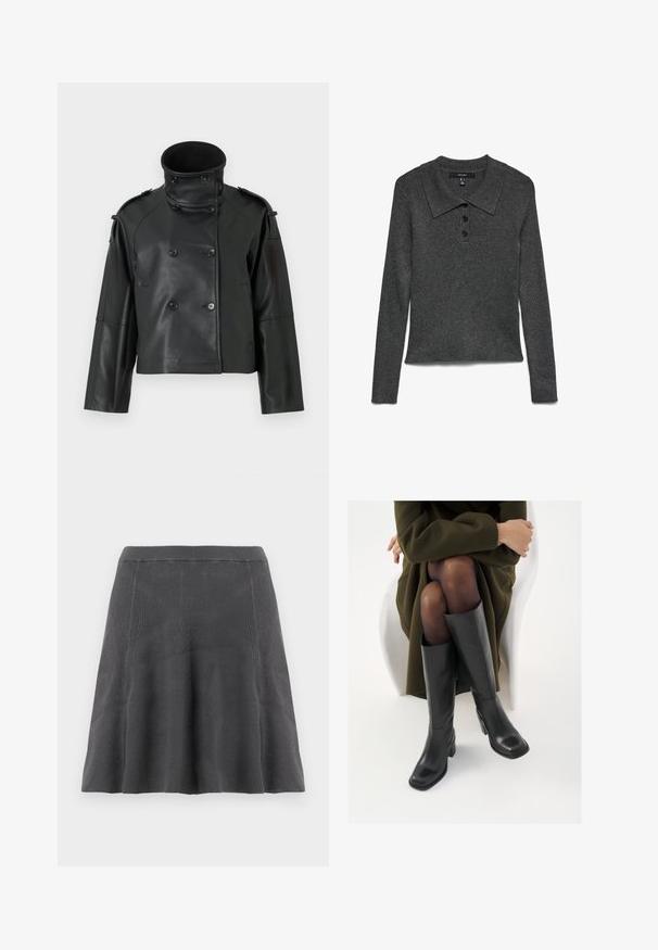 Sort læderjakke med høj krave, dobbeltradet design, store knapper og skulderklapper. Glat tekstur, cropped længde.; Mørkegrå, ribstrikket polo med lange ærmer og krave, med tre sorte knapper ved halsudskæringen og en let kortet kant.; Grå A-formet nederdel i strik med ribbet tekstur, en tætsiddende talje og udvidet kant, der giver en glat silhuet og et afslappet design.; Knæhøje sorte læder støvler med firkantet tå og blokhæl, vist med en model siddende i en olivengrøn frakke. Glat tekstur, minimal detaljer.