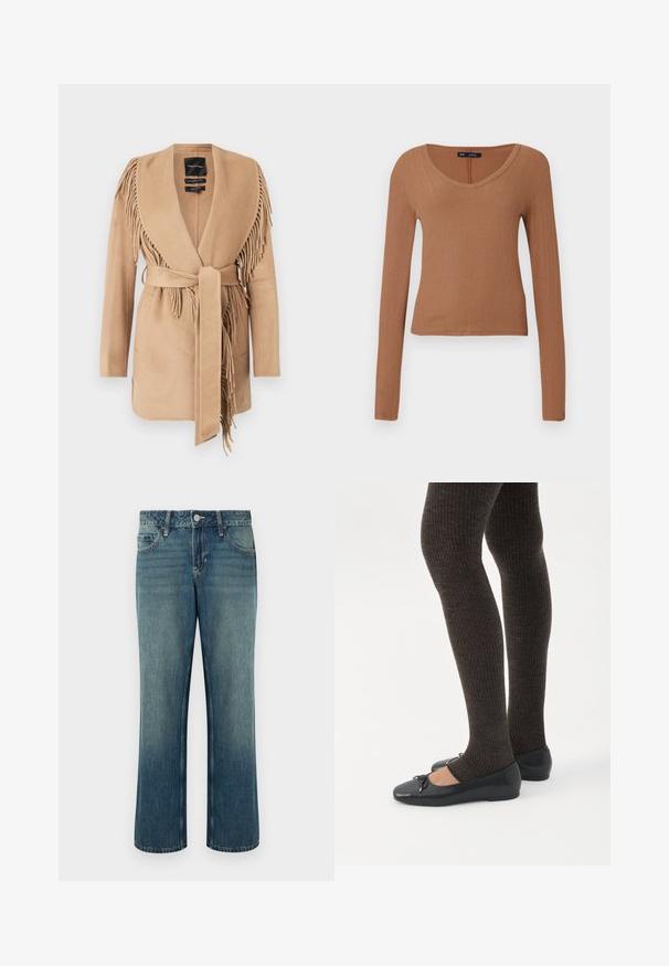 Manteau enveloppant frangé beige en tissu doux, avec un col châle, une ceinture à nouer et deux poches plaquées à l'avant.; Haut marron à manches longues côtelé, avec un décolleté arrondi et une coupe ajustée. Fabriqué dans un matériau doux et extensible pour le confort.; Jean en denim bleu à coupe droite, taille mi-haute, cinq poches et légère décoloration. Fermeture par bouton et passants pour ceinture inclus.; Jambes portant des leggings côtelés foncés associés à des ballerines noires avec de petits détails en nœud sur fond blanc.