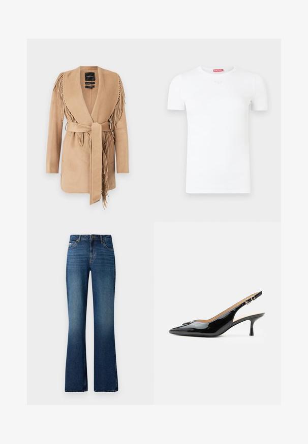 Manteau enveloppant frangé beige en tissu doux, avec un col châle, une ceinture à nouer et deux poches plaquées à l'avant.; T-shirt blanc à manches courtes avec un col rond, une texture côtelée et un petit logo circulaire sur la poitrine. Étiquette de la marque rouge au dos.; Jeans évasés dans un lavage bleu moyen, présentant un design classique à cinq poches, une fermeture à bouton et une texture légèrement décolorée.; Escarpin slingback en cuir verni noir avec bout pointu, petit talon kitten et bride à boucle argentée sur fond blanc uni.