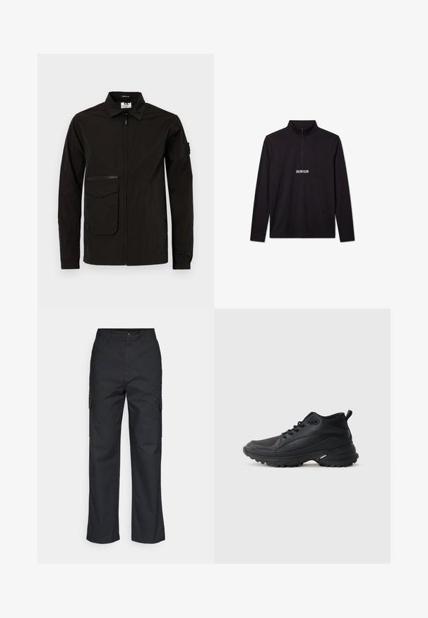 Veste légère noire avec une fermeture éclair à l'avant, une grande poche à rabat et une poche poitrine zippée supplémentaire. Elle possède un col et des poignets élastiques.; Pull noir à manches longues Calvin Klein avec une fermeture éclair sur le quart et un logo blanc imprimé sur la poitrine.; Pantalons cargo noirs avec une coupe droite, dotés de poches latérales et d'un tissu texturé. Fermeture par bouton à la taille pour un maintien sécurisé.; Chaussures de sport noires en matériau synthétique. Dotées d'un col rembourré, d'un embout rond, d'une semelle extérieure robuste avec traction, et d'un détail avec le logo de la marque.