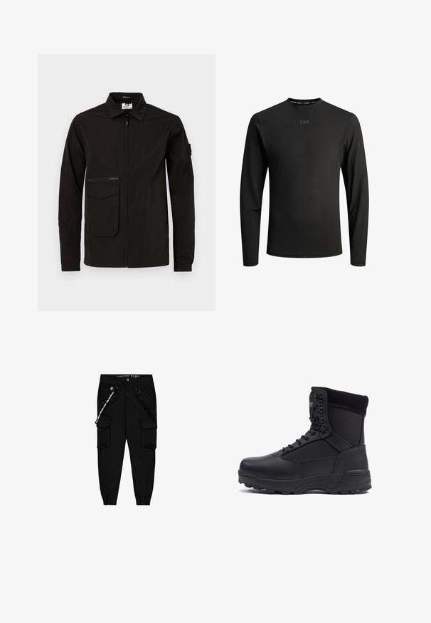 Veste légère noire avec une fermeture éclair à l'avant, une grande poche à rabat et une poche poitrine zippée supplémentaire. Elle possède un col et des poignets élastiques.; Chemise à manches longues noire, fabriquée en tissu lisse et extensible. Présente un col rond et un branding subtil au niveau de la poitrine et du col.; Pantalons cargo noirs en tissu léger, dotés de deux poches latérales, d'une taille élastique et de poignets ajustables.; Botte tactique noire avec une tige en cuir lisse et des panneaux en tissu, design montante, fermeture à lacets à l'avant et semelle en caoutchouc robuste.