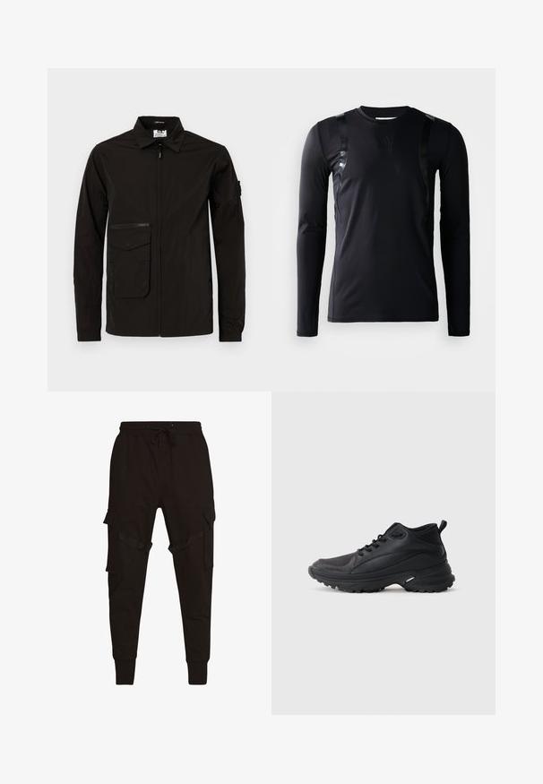 Veste légère noire avec une fermeture éclair à l'avant, une grande poche à rabat et une poche poitrine zippée supplémentaire. Elle possède un col et des poignets élastiques.; T-shirt de sport à manches longues noir en tissu lisse et extensible. Présente des accents noirs brillants sur les épaules et un logo Adidas sur la poitrine.; Pantalons cargo noirs avec taille élastique à cordon, poches latérales et accents texturés sur les poches cargo et les sangles. Poignets ajustés aux chevilles.; Chaussures de sport noires en matériau synthétique. Dotées d'un col rembourré, d'un embout rond, d'une semelle extérieure robuste avec traction, et d'un détail avec le logo de la marque.