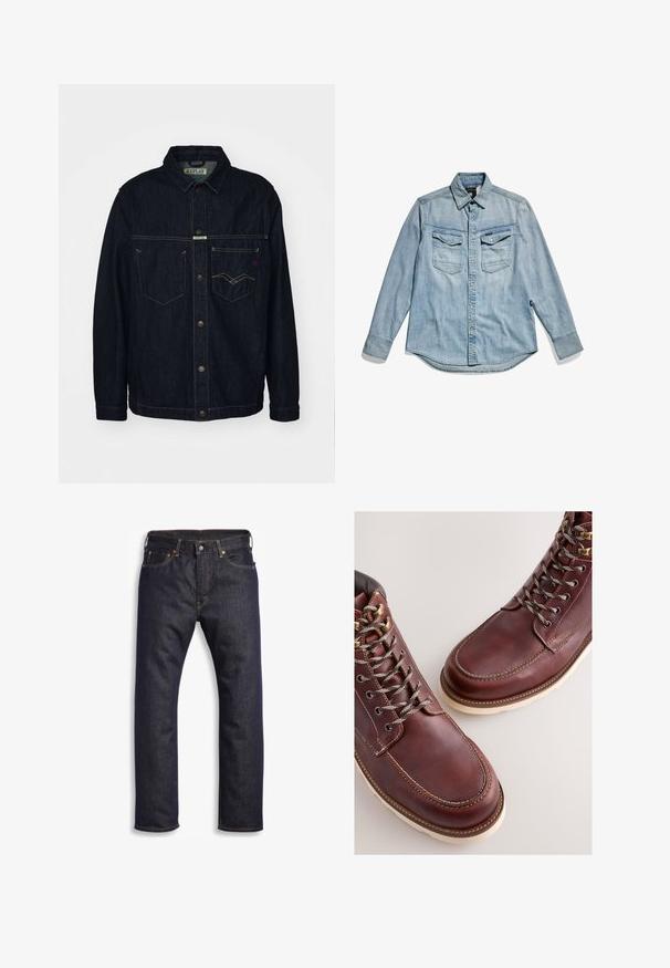 Veste en denim foncé avec un col chemise, deux poches poitrine et fermeture à bouton. Présente des coutures jaunes contrastantes et une étiquette de marque.; Chemise en denim bleu clair avec des manches longues, un devant boutonné, deux poches sur la poitrine et un col classique. Texture douce avec un design décontracté.; Jean en denim bleu foncé avec coupe droite, design à cinq poches, matériel en métal et surpiqûres orange contrastantes. Texture lisse, sans motifs visibles.; Bottes en cuir marron à finition lisse, dotées d'œillets métalliques, de lacets gris et d'une semelle en caoutchouc de couleur crème. Détails de coutures le long des bords.