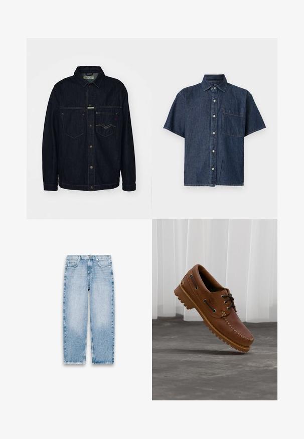 Dunkelblaues Jeansjackett mit Hemdkragen, zwei Brusttaschen und Knopfverschluss. Verfügt über kontrastierende gelbe Nähte und ein Markenlabel.; Dunkelblaues Jeanshemd mit kurzen Ärmeln, Knopfleiste, Kragen und einer einzelnen Brusttasche auf der linken Seite.; Hellblaue Jeans mit geradem Bein, fünf Taschen, Gürtelschlaufen und einem Vorderreißverschluss mit Knopf auf weißem Hintergrund.; Brauner Leder-Bootsschuh mit schwarzen Schnürsenkeln, beigen Nähten und einer robusten Sohle, schwebt über einem grauen Betonboden.