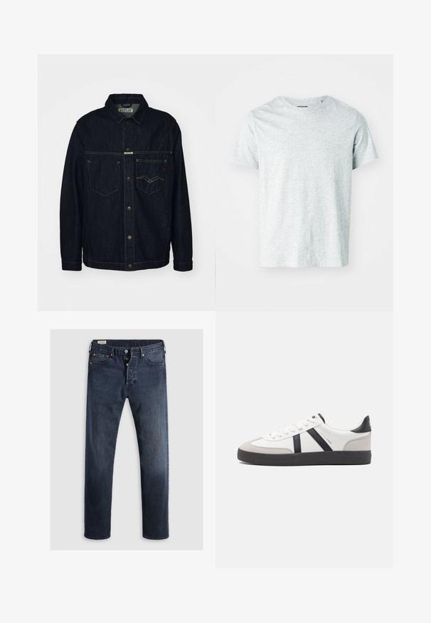 Veste en denim foncé avec un col chemise, deux poches poitrine et fermeture à bouton. Présente des coutures jaunes contrastantes et une étiquette de marque.; T-shirt gris clair à manches courtes en tissu doux, avec un col rond et une coupe légèrement décontractée. Aucun motif ou graphique visible.; Jeans en denim bleu foncé avec une coupe droite, dotés d'un zip et de boutons en métal, ainsi que d'accents de rivets en cuivre. Texture lisse, sans motifs visibles.; Baskets blanches avec des accents noirs et gris, présentant un embout texturé gris, une semelle en caoutchouc noir et des lacets plats blancs. Design épuré, style minimaliste.